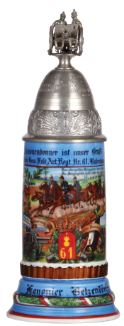 Regimental stein, .5L, 11.9" ht., porcelain, 4. Battr., Feld Artl. Regt. Nr. 61, Babenhausen, 1908 - 1910, four side scenes, roster, horse and rider thumblift, named to: Kanonier Betzendörfer, missing center hinge ring, otherwise mint.