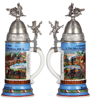 Regimental stein, .5L, 11.9" ht., porcelain, 4. Battr., Feld Artl. Regt. Nr. 61, Babenhausen, 1908 - 1910, four side scenes, roster, horse and rider thumblift, named to: Kanonier Betzendörfer, missing center hinge ring, otherwise mint. - 2