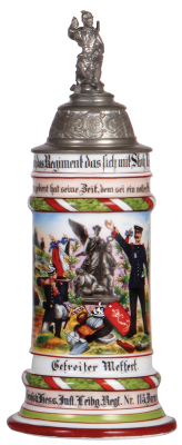 Regimental stein, 5.L, 11.9'' ht., porcelain, 9. Comp., Inft. Regt. Nr. 115, Darmstadt, 1904 - 1906, two side scenes, roster, lion thumblift, named to: Gefreiter Meffert, mint.