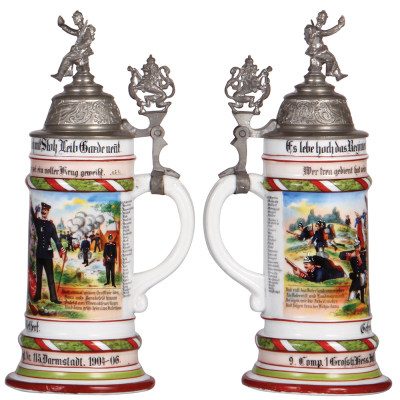 Regimental stein, 5.L, 11.9'' ht., porcelain, 9. Comp., Inft. Regt. Nr. 115, Darmstadt, 1904 - 1906, two side scenes, roster, lion thumblift, named to: Gefreiter Meffert, mint. - 2