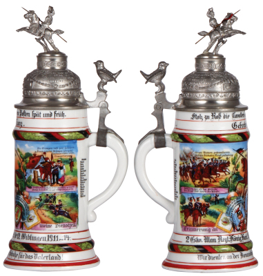 Regimental stein, .5L, 12.0'' ht., porcelain, 2. Esk., Ulanen Regt. Nr. 19, Wiblingen, 1911 - 1914, four side scenes, roster, sparrow thumblift, named to: Gefreiter Munz, mint. - 2