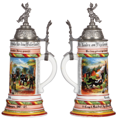 Regimental stein, .5L, 12.0'' ht., porcelain, 6. Comp., Inft. Regt. Nr. 112, Mülhausen, 1903 - 1905, two side scenes, roster, griffin thumblift, named to: Reservist K. Koch, mint. - 2