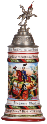 Regimental stein, .5L, 12.5" ht., porcelain, 5. Eskr., Drag. Regt. Nr. 26, Stuttgart, 1903 - 1906, two side scenes, roster, Württemberg thumblift, named to: Dragoner Mauz, mint. 