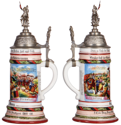 Regimental stein, .5L, 12.5" ht., porcelain, 5. Eskr., Drag. Regt. Nr. 26, Stuttgart, 1903 - 1906, two side scenes, roster, Württemberg thumblift, named to: Dragoner Mauz, mint.  - 2