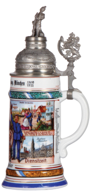 Regimental stein, 5.L, 11.7'' ht., porcelain, 5. Comp., bayr. Inft. Regt. Nr. 2, München, 1909 - 1911, four side scenes, roster, lion thumblift, named to: Joseph Huber, screw-off finial, a little base wear. - 2