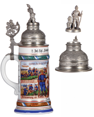 Regimental stein, 5.L, 11.7'' ht., porcelain, 5. Comp., bayr. Inft. Regt. Nr. 2, München, 1909 - 1911, four side scenes, roster, lion thumblift, named to: Joseph Huber, screw-off finial, a little base wear. - 3