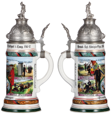 Regimental stein, 5.L, 11.9'' ht., porcelain, 1. Comp., Inft. Regt. Nr. 119, Stuttgart, 1910 - 1912, four side scenes, roster, Württemberg thumblift, named to: Grenadier Kreuzberger, mint. - 2