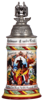 Regimental stein, .5L, 10.8'' ht., porcelain, 5. Battr., Feld Artl. Regt. Nr. 30, Rastatt, 1903 - 1905, two side scenes, roster, griffin thumblift, named to: Kanonier Renter, faint lithophane lines, slight pewter tear.