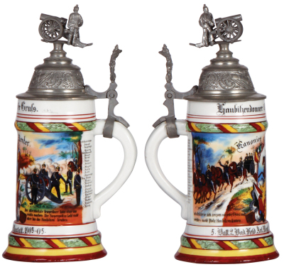 Regimental stein, .5L, 10.8'' ht., porcelain, 5. Battr., Feld Artl. Regt. Nr. 30, Rastatt, 1903 - 1905, two side scenes, roster, griffin thumblift, named to: Kanonier Renter, faint lithophane lines, slight pewter tear. - 2