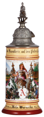 Regimental stein, .5L, 10.8" ht., porcelain, 3. Esc., Drag. Regt. Nr. 19, Oldenburg, 1906 - 1909, two side scenes, roster, eagle thumblift, named to: Resv. Warnecke, mint.