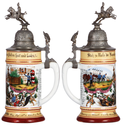 Regimental stein, .5L, 10.8" ht., porcelain, 3. Esc., Drag. Regt. Nr. 19, Oldenburg, 1906 - 1909, two side scenes, roster, eagle thumblift, named to: Resv. Warnecke, mint. - 2