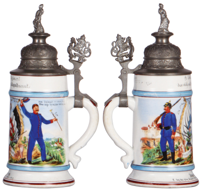 Regimental stein, .5L, 10.5" ht., porcelain, 9. Comp., bayr. Inft. Regt. Nr. 7, Bayreuth, 1899 - 1901, two side scenes, lion thumblift, named to: Adam Scherm, rare: 4F decoration in front, lithophane lines, pewter tear - still strong.  - 2