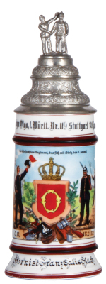 Regimental stein, .5L, 10.6'' ht., porcelain, 10 Comp., Inft. Regt. Nr. 119, Stuttgart, 1900 - 1902, two side scenes, band scene, roster, Württemberg thumblift, named to: Hornist Franz Salis Flach, mint.