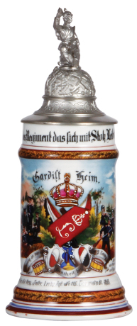 Regimental stein, .5L, 10.8'' ht., porcelain, 9. Comp., Inftr. Rgt. No. 115, Darmstadt, 1901 - 1903, two side scenes, roster, lion thumblift, named to: Gardist Heim, mint.