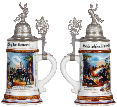 Regimental stein, .5L, 10.8'' ht., porcelain, 9. Comp., Inftr. Rgt. No. 115, Darmstadt, 1901 - 1903, two side scenes, roster, lion thumblift, named to: Gardist Heim, mint. - 2