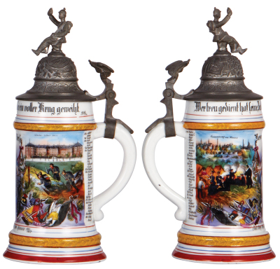 Regimental stein, .5L, 10.8'' ht., porcelain, 3. Comp., Inft. Regt. Nr. 166, Hanau, 1901 - 1903, four side scenes, roster, eagle thumblift, named to: Reserv. Weiss, mint. - 2