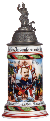 Regimental stein, 5.L, 10.8'' ht., porcelain, 3. Comp., Inft. Regt. Nr. 122, Heilbronn, 1902 - 1904, two side scenes, roster, Württemberg thumblift, named to: Reservist Hohlÿ, mint.