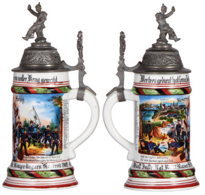 Regimental stein, 5.L, 10.8'' ht., porcelain, 3. Comp., Inft. Regt. Nr. 122, Heilbronn, 1902 - 1904, two side scenes, roster, Württemberg thumblift, named to: Reservist Hohlÿ, mint. - 2