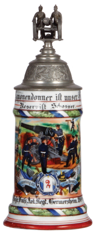 Regimental stein, .5L, 11.0'' ht., porcelain, 6. Comp., 2. Bayr. Fuss. Art Regt., Germersheim, 1904 - 1906, two side scenes, roster, lion thumblift, named to: Reservist Schosser, mint.