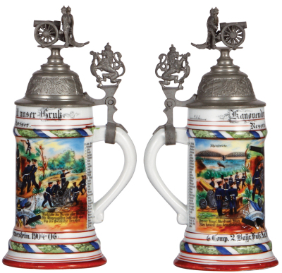 Regimental stein, .5L, 11.0'' ht., porcelain, 6. Comp., 2. Bayr. Fuss. Art Regt., Germersheim, 1904 - 1906, two side scenes, roster, lion thumblift, named to: Reservist Schosser, mint. - 2