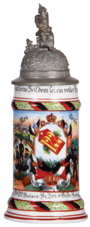 Regimental stein, 5.L, 10.8'' ht., porcelain, 6. Comp., Inft. Regt. Nr. 122, Heilbronn, 1904 - 1906, two side scenes, roster, Württemberg thumblift, named to: Res. Reufs, slight word wear.