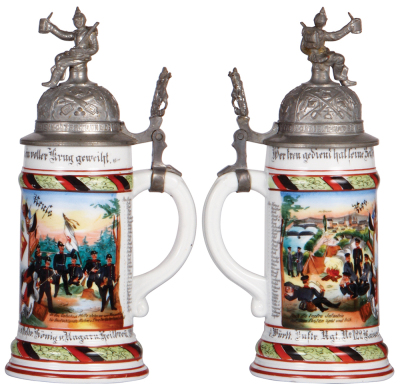 Regimental stein, 5.L, 10.8'' ht., porcelain, 6. Comp., Inft. Regt. Nr. 122, Heilbronn, 1904 - 1906, two side scenes, roster, Württemberg thumblift, named to: Res. Reufs, slight word wear. - 2