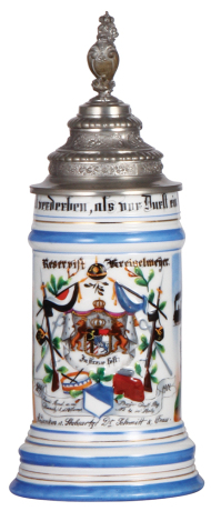 Regimental stein, .5L, 10.9'' ht., porcelain, 10. Comp., bayr. Inft. Regt. Nr. 4, Metz, 1899 - 1901, two side scenes, relief decoration, floral thumblift, named to: Reservist Kreiselmeÿer, mint.