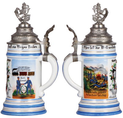 Regimental stein, .5L, 10.9'' ht., porcelain, 10. Comp., bayr. Inft. Regt. Nr. 4, Metz, 1899 - 1901, two side scenes, relief decoration, floral thumblift, named to: Reservist Kreiselmeÿer, mint. - 2