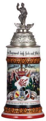 Regimental stein, .5L, 11.3'' ht., porcelain, 1. Comp., Leib. Grenad, Regt. No. 109, Karlsruhe, 1897 - 1899, two side scenes, roster, griffin thumblift, named to: Grenadier Weber I, mint.