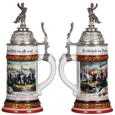 Regimental stein, .5L, 11.3'' ht., porcelain, 1. Comp., Leib. Grenad, Regt. No. 109, Karlsruhe, 1897 - 1899, two side scenes, roster, griffin thumblift, named to: Grenadier Weber I, mint. - 2