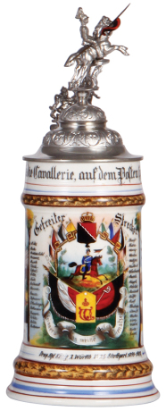 Regimental stein, .5L, 11.4'' ht., porcelain, 4. Esk., Drag Regt. Nr. 26, Stuttgart, 1899 - 1902, two side scenes, roster, Württemberg thumblift, named to: Gefreiter Strecker, mint.