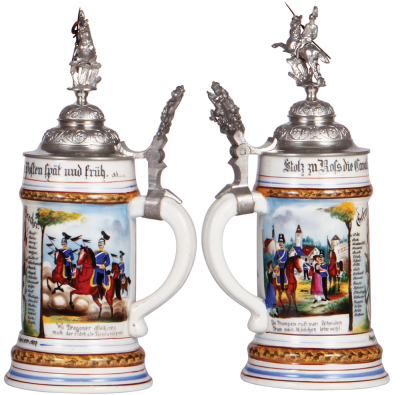 Regimental stein, .5L, 11.4'' ht., porcelain, 4. Esk., Drag Regt. Nr. 26, Stuttgart, 1899 - 1902, two side scenes, roster, Württemberg thumblift, named to: Gefreiter Strecker, mint. - 2