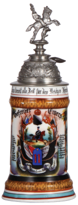 Regimental stein, .5L, 11.8'' ht., porcelain, 1. Comp., Train Battalion Nr. 11, Cassel, 1897 - 1899, two side scenes, roster, eagle thumblift, named to: Gefreiter Ewers, mint.