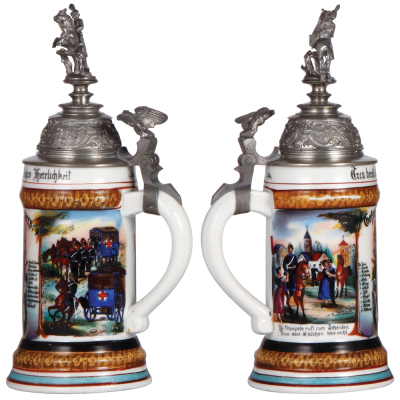 Regimental stein, .5L, 11.8'' ht., porcelain, 1. Comp., Train Battalion Nr. 11, Cassel, 1897 - 1899, two side scenes, roster, eagle thumblift, named to: Gefreiter Ewers, mint. - 2