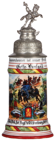 Regimental stein, .5L, 11.5'' ht., porcelain, 4. Batt., Feld Artl. Regt. Nr. 76, Freiburg, 1905 - 1907, two side scenes, roster, griffin thumblift, named to: Geftr. Fünfgeld, mint.