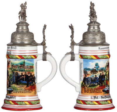 Regimental stein, .5L, 11.5'' ht., porcelain, 4. Batt., Feld Artl. Regt. Nr. 76, Freiburg, 1905 - 1907, two side scenes, roster, griffin thumblift, named to: Geftr. Fünfgeld, mint. - 2