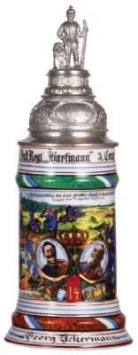 Regimental stein, 5.L, 11.4'' ht., porcelain, 3. Comp., Inft. Regt. Nr. 14, Nürnberg, 1908 - 1910, four side scenes, roster, lion thumblift, named to: George Ackermann, mint.