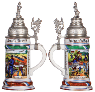 Regimental stein, 5.L, 11.4'' ht., porcelain, 3. Comp., Inft. Regt. Nr. 14, Nürnberg, 1908 - 1910, four side scenes, roster, lion thumblift, named to: George Ackermann, mint. - 2