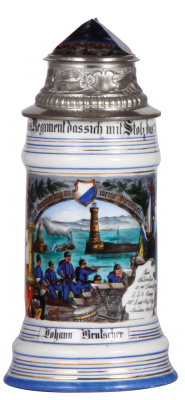 Regimental stein, 5.L, 9.2'' ht., porcelain, 2. Comp., bayr. Inft. Regt. Nr. 20, Lindau, 1901 - 1903, two side scenes, lion thumblift, named to: Johann Brutscher, prism lid, mint.