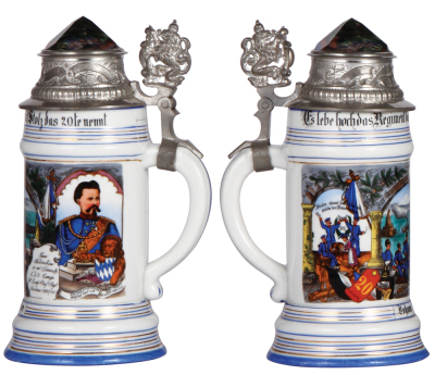 Regimental stein, 5.L, 9.2'' ht., porcelain, 2. Comp., bayr. Inft. Regt. Nr. 20, Lindau, 1901 - 1903, two side scenes, lion thumblift, named to: Johann Brutscher, prism lid, mint. - 2