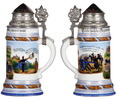 Regimental stein, .5L, 9.4'' ht., porcelain, 1. Battr., bayr. 10. Feld Artl. Regt., Erlangen, 1902 - 1904, two side scenes, lion thumblift, named to: Johann Arnold, prism lid, mint. - 2