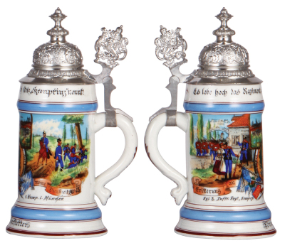 Regimental stein, .5L, 10.1'' ht., porcelain, 1. Komp., 2. Inftr. Regt., München, 1901 - 1903, two side scenes, lion thumblift, named to: Lorenz Luberstetter, no pewter oxidation, mint. - 2