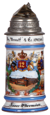 Regimental stein, 5.L, 9.0'' ht., porcelain, 4. Comp., bayr Inft. Regt. Nr. 12, Neu-Ulm, 1902 - 1904, four side scenes, roster, lion thumblift, named to: Xaver Hintermeier, prism lid, lithophane lines, otherwise mint.