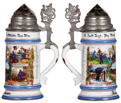 Regimental stein, 5.L, 9.0'' ht., porcelain, 4. Comp., bayr Inft. Regt. Nr. 12, Neu-Ulm, 1902 - 1904, four side scenes, roster, lion thumblift, named to: Xaver Hintermeier, prism lid, lithophane lines, otherwise mint. - 2