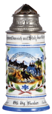 Regimental stein, .5L, 9.0'' ht., porcelain, 5. Battr., 6. bayr. Feld Artl. Regt., Fürth, 1900 - 1902, five side scenes, roster, lion thumblift, named to: Gfr. Gg. Benker, prism lid, mint.