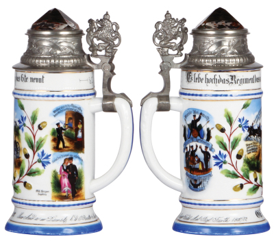 Regimental stein, .5L, 9.0'' ht., porcelain, 5. Battr., 6. bayr. Feld Artl. Regt., Fürth, 1900 - 1902, five side scenes, roster, lion thumblift, named to: Gfr. Gg. Benker, prism lid, mint. - 2