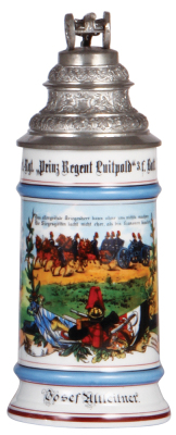 Regimental stein, .5L, 9.7'' ht., porcelain, 3. F. Batt. bayr. 7. Feld Artl. Regt., München, Max II Kaserne, 1900 - 1902, two side scenes, lion thumblift, named to: Joseph Altleitner, mint.