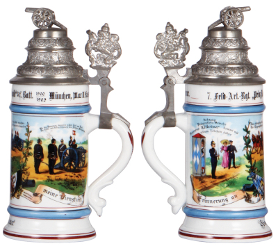 Regimental stein, .5L, 9.7'' ht., porcelain, 3. F. Batt. bayr. 7. Feld Artl. Regt., München, Max II Kaserne, 1900 - 1902, two side scenes, lion thumblift, named to: Joseph Altleitner, mint. - 2