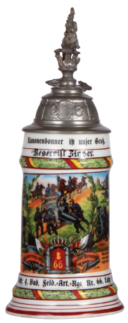 Regimental stein, .5L, 11.7'' ht., porcelain, 5. Battr., Feld Artl. Regt. Nr. 66, Lahr, 1906 - 1908, two side scenes, roster, griffin thumblift, named to: Reservist Zinser, mint.