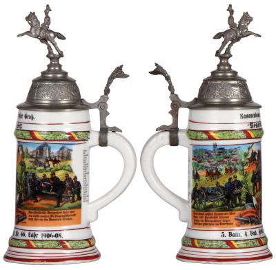 Regimental stein, .5L, 11.7'' ht., porcelain, 5. Battr., Feld Artl. Regt. Nr. 66, Lahr, 1906 - 1908, two side scenes, roster, griffin thumblift, named to: Reservist Zinser, mint. - 2